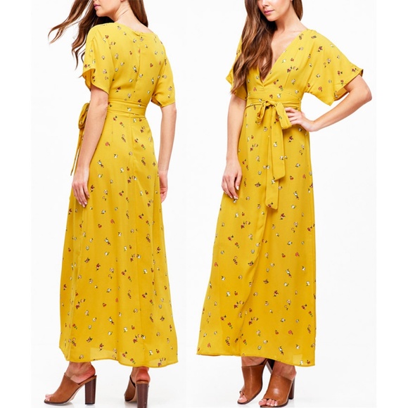 Yellow Plunging V Neck Floral Faux Wrap Maxi Dress - Picture 5 of 8